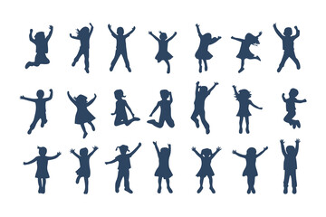 Children Jumping Silhouettes, Energetic Kids Poses, Playful Children Silhouette, Joyful Movement Figures, Dynamic Kids Silhouettes Clipart Vector Illustration.