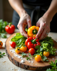 Warm-toned image of someone preparing fresh vegetables on a rustic wooden cutting board, emphasizing natural light and culinary artistry