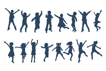 Children Jumping Silhouettes, Energetic Kids Poses, Playful Children Silhouette, Joyful Movement Figures, Dynamic Kids Silhouettes Clipart Vector Illustration.