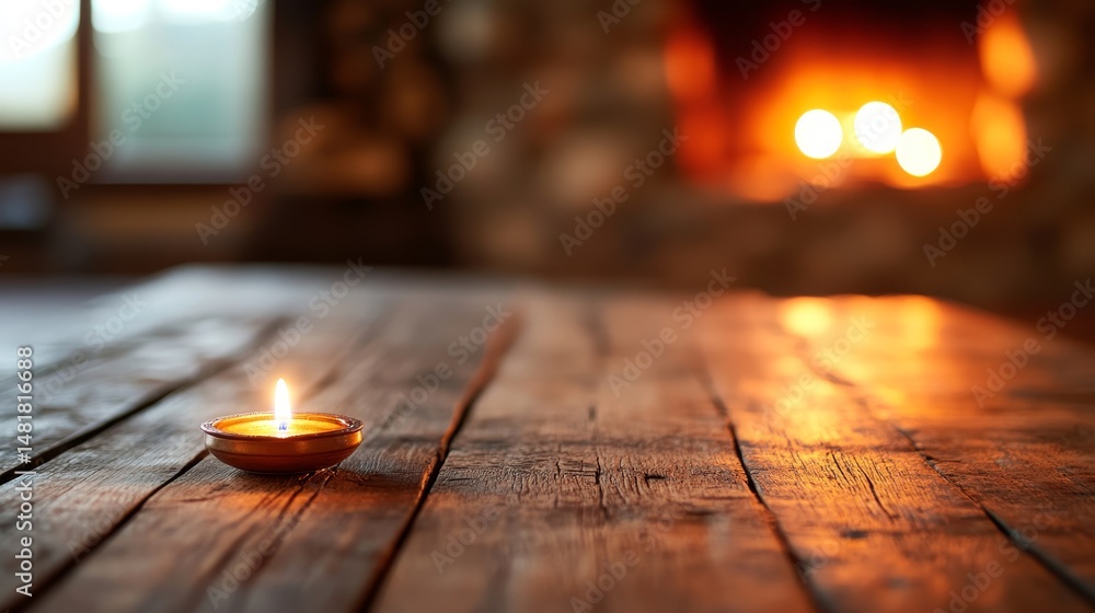 Leinwandbilder an oil lamp rests on a wooden table, its flame glowing softly and illuminating intricate carvings wh