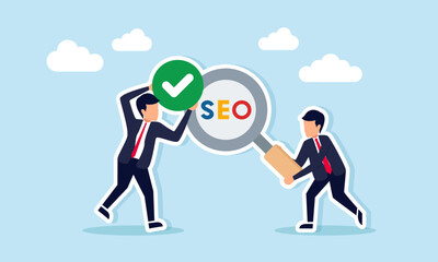 Businessman Holding Magnifying Glass with SEO Text and Another Holding Checkmark Illustration of Keyword and Title Optimization Research for Website Visibility