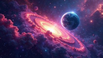 Stunning panoramic view of a vibrant, swirling nebula surrounding a distant planet Cosmic dust and gas create a breathtaking celestial landscape , astrophotography, planet, dark