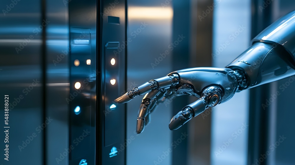 Poster Metallic robot arm operating an elevator control panel.