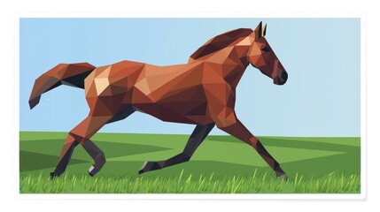 Polygonal horse gallops across a green field under a blue sky