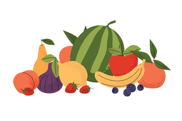 Fresh fruits including watermelon, apple, banana, lemon, fig, berries, and citrus. Colorful flat style composition on a white background. Vector illustration