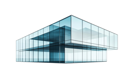 Modern blue glass building facade reflects urban skyline in corporate building design, isolated on transparent background. PNG