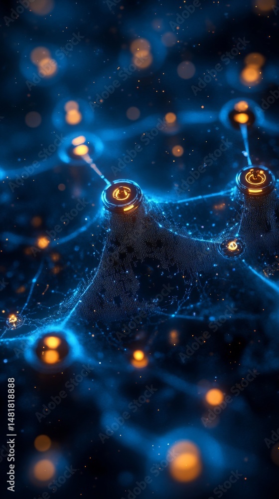 Poster interconnected network: a digital neural landscape with glowing nodes and electrical connectivity in