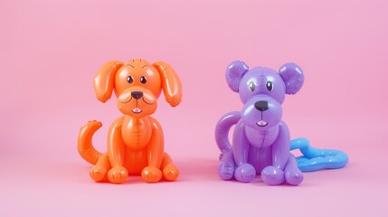 Inflatable animal figures, pink backdrop