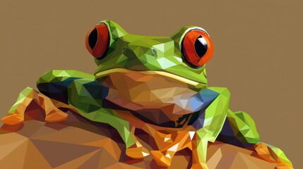 Low poly vibrant green frog with large red eyes resting on a branch