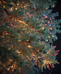 Frosty pine branches interwoven with colorful Christmas lights ,  festive,  cold, Christmas lights