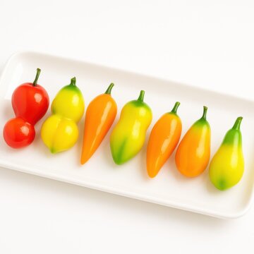  luk chup Colorful Thai Fruit-shaped Mung Bean Dessert on White Plate