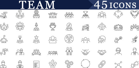 Comprehensive Collection of 45 Unique Line Icons Illustrating Teamwork, Collaboration, Leadership, Communication, and Organizational Success in Business