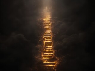 Obraz premium A glowing, fiery staircase ascends through dark clouds toward a bright, heavenly light above.