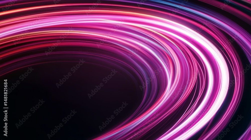 Poster neon light streaks in shades of green and purple swirl together on a black backdrop, creating an ene