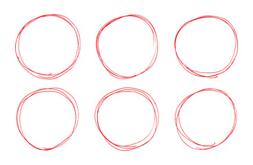 Red pen drawn marks, red circle set, highlight circle. Charcoal pen round ovals. Set of doodle ellipses. Scribble ovals, marker round elements isolated on a white background.	
