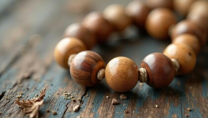 Obraz premium Wooden beads on a natural twine, rustic style , beads, background, natural materials