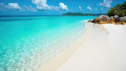 Fototapeta premium White sand, clear shallow water, coral reefs visible , sunny, sea