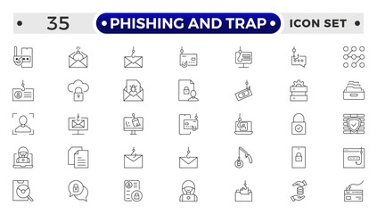 Phishing and Trap outline icon set. Guard, cyber security, password, smart home, safety, data protection, key, shield, lock, unlock, eye access.