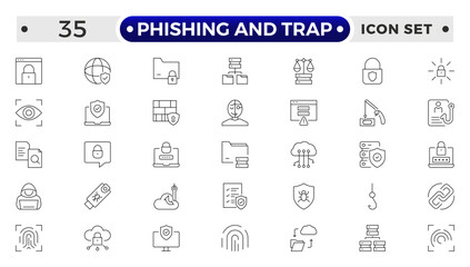 Phishing and Trap outline icon set. Guard, cyber security, password, smart home, safety, data protection, key, shield, lock, unlock, eye access.