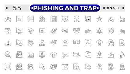 Phishing and Trap outline icon set. Guard, cyber security, password, smart home, safety, data protection, key, shield, lock, unlock, eye access.