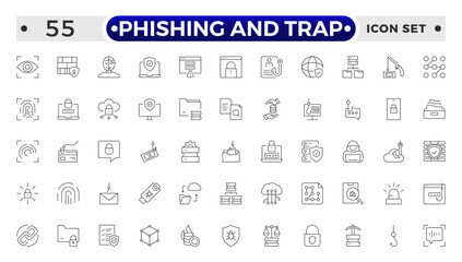 Phishing and Trap outline icon set. Guard, cyber security, password, smart home, safety, data protection, key, shield, lock, unlock, eye access.