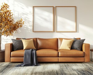 Modern Minimalist Living Room with Brown Leather Sofa and Sunlight