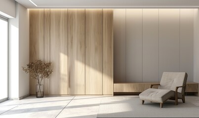 Minimalist living room with light wood paneling, a beige chaise lounge, and a neutral color palette