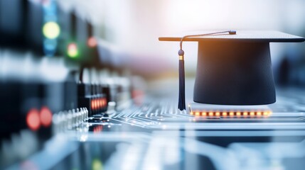 Academic technology graduation cap on circuit board with glowing connections symbolizing education and innovation 