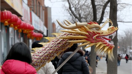 Dragon head in parade, festive atmosphere