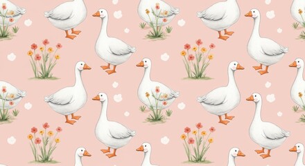 Obraz premium Seamless Pattern Illustration Pink Background White Geese Flowers