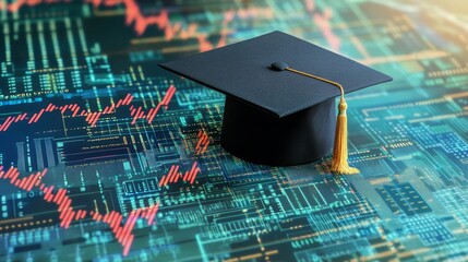Financial education graduation: academic cap on stock market chart background 