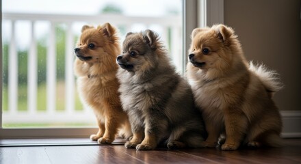 Three Pomeranian Puppies Sitting by Window Photo