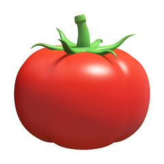 A perfectly round, glossy red tomato with a bright green stem and calyx is rendered in 3D.