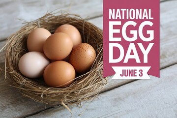 A nest filled with eggs on a wooden surface with a national egg day banner on the right side