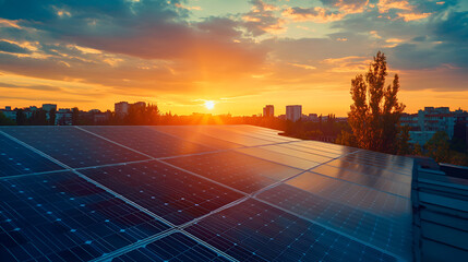 Solar panels on the roof of a modern urban residential area, glowing under the warm hues of a sunset sky ai generative