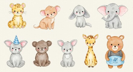 Obraz premium Watercolor Illustration of Baby Safari Animals