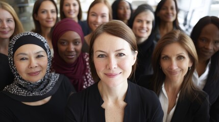 Obraz premium Diverse women gather together, smiling and showcasing their unity. Soft lighting enhances their expressions, highlighting the strength in their shared experiences