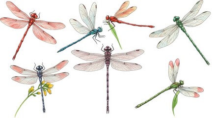 Watercolor Illustration Set of Colorful Dragonflies
