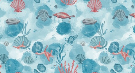 Watercolor Illustration Seamless Pattern Ocean Fish Coral Seashells Scallops Starfish Seaweed Marine Life