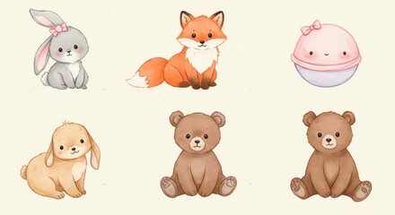 Obraz premium Watercolor Illustration of Six Cute Baby Animals