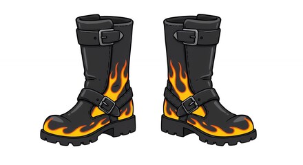 Black leather biker boots with flames