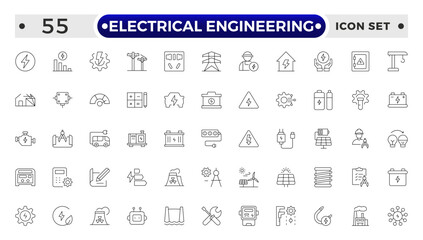 Electrical Engineering outline Icons set. Vector illustration in modern thin line style of technologies related icons: blueprint, engineer, manufacturing, and more.