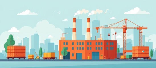 Obraz premium HSE Audit concept. Industrial scene with factories, cranes, and cargo vehicles in an urban environment.