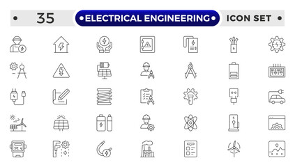Electrical Engineering outline Icons set. Vector illustration in modern thin line style of technologies related icons: blueprint, engineer, manufacturing, and more.