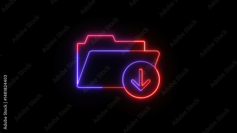 Poster neon folder icon with download symbol illuminated against black background representing file transfe