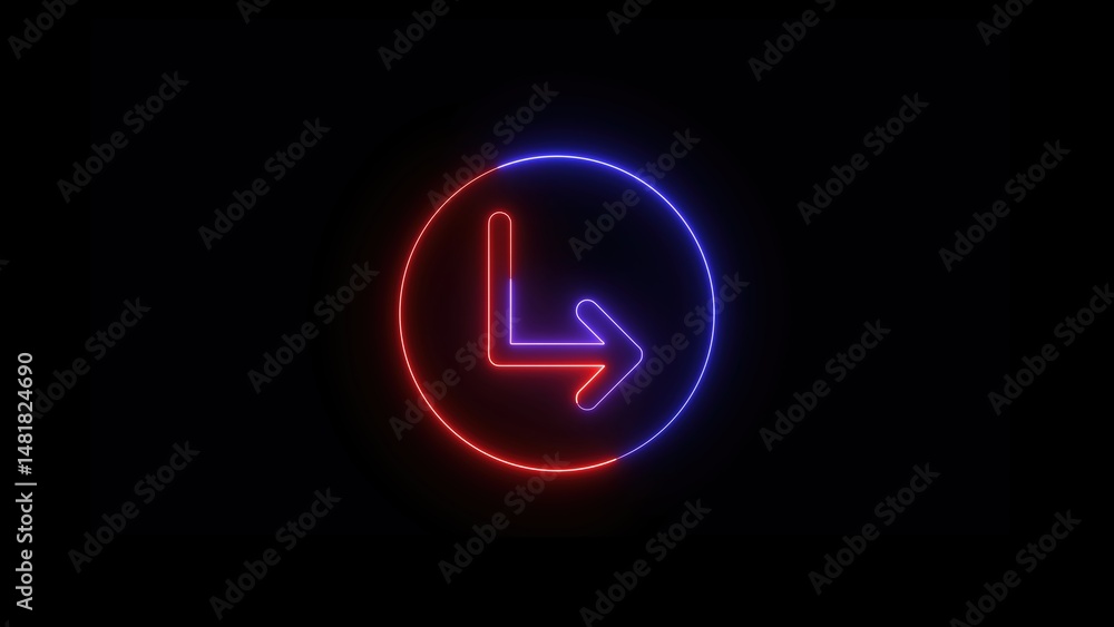 Poster glowing neon arrow sign indicating direction in a circular shape on a dark background for modern com