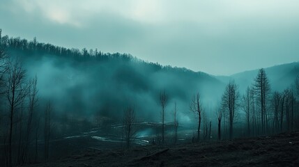 Misty Teal Forest In Minimalist Style, Atmospheric Landscape.