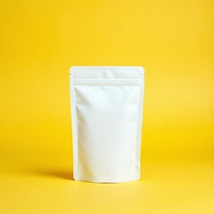 White standing pouch on solid bright yellow backdrop. Clean and commercial setup ideal for packaging mockups or food branding use.