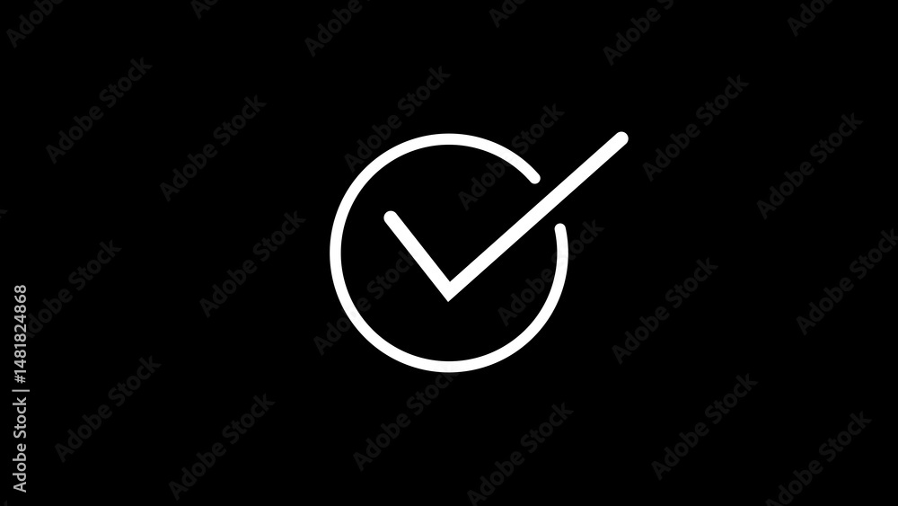 Poster simple white check mark inside circle on black background representing completion and approval perfe