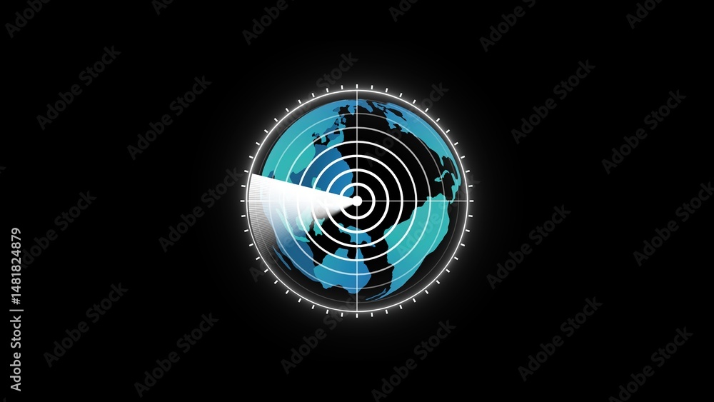 Poster futuristic radar system scanning the globe displaying global tracking and surveillance with a blue a